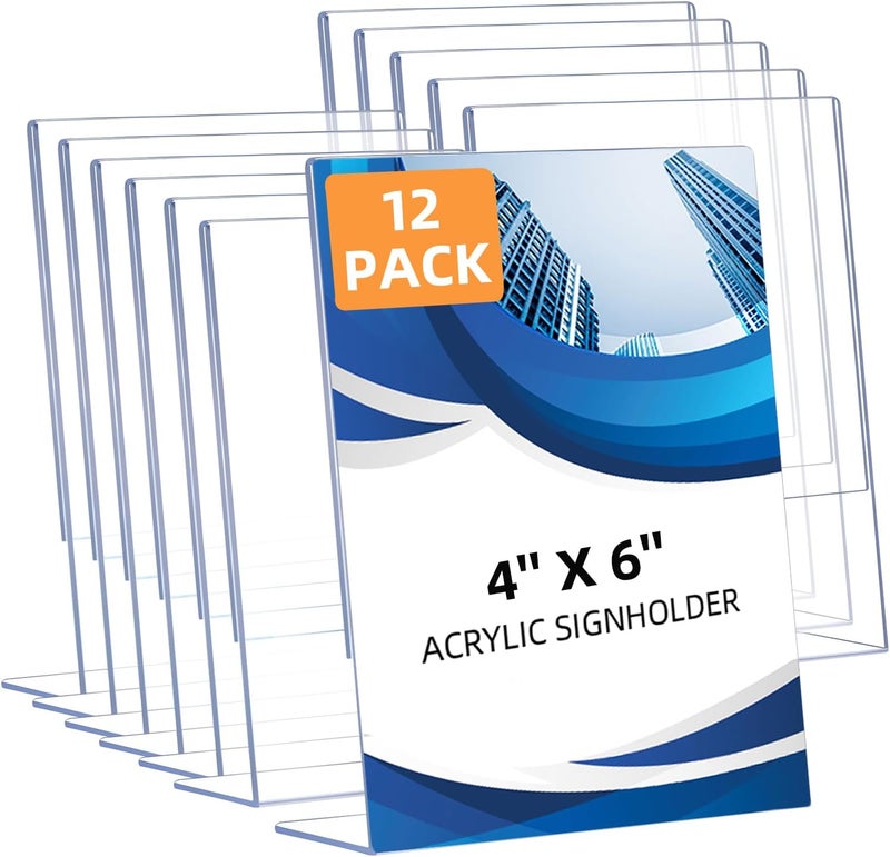 DECOHOBO 12 Pack Slanted Back Acrylic Sign Holders 4x6 for Business & Store, Tabletop Vertical Sign Holder with Anti-Slip Pads Clear Display Stand, for Menus Flyer Documents Office Restaurants Party Decoration - Image 1